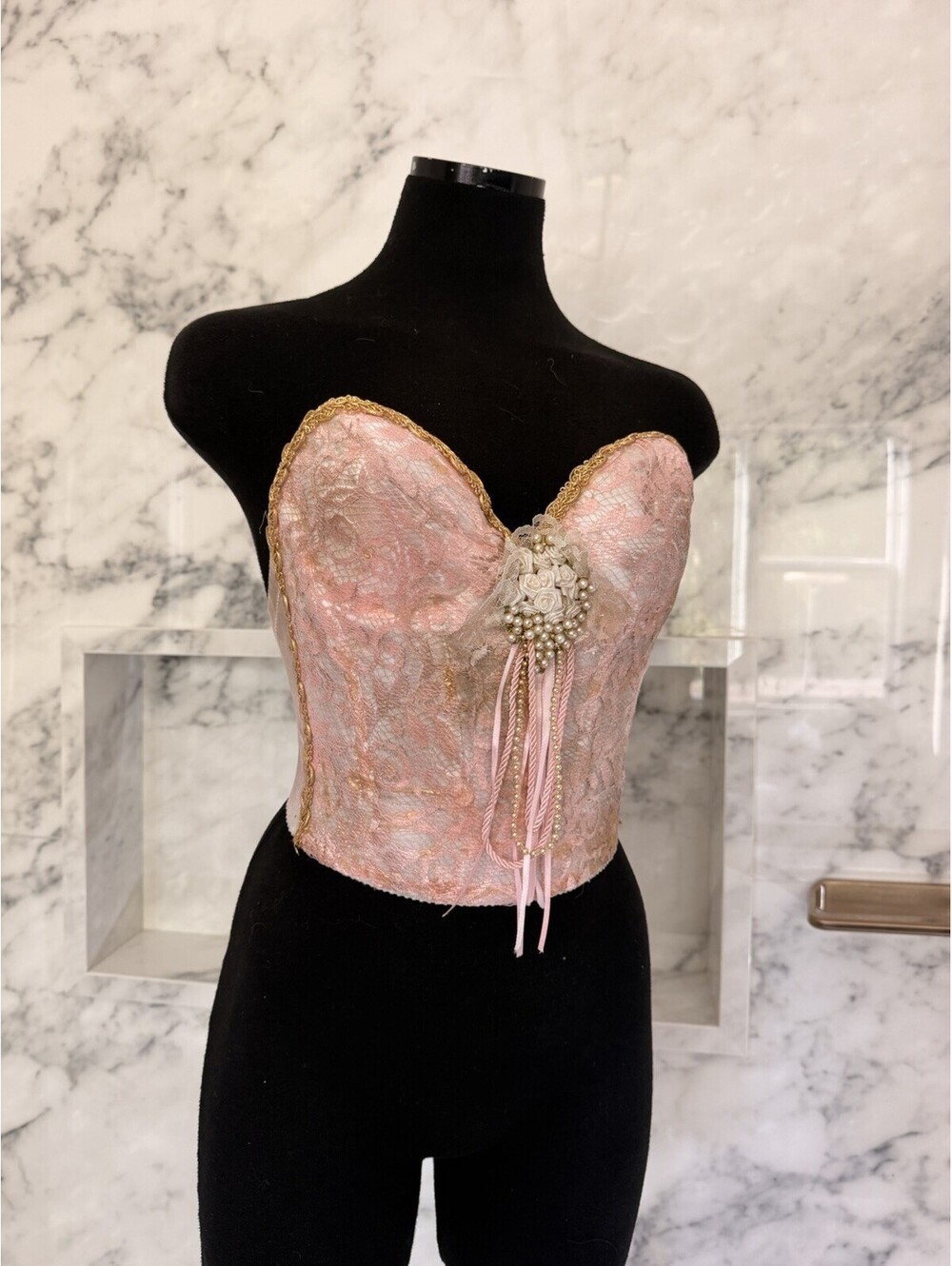 Vintage Dominique 34B Pink Lace Bustier Corset Gold Trim Pearl Rosette Lingerie